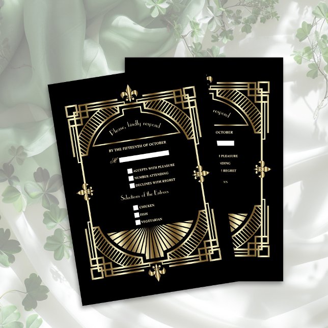 Royal Gold Fleur-de-lis Great Gatsby Wedding RSVP Card (Creator Uploaded)