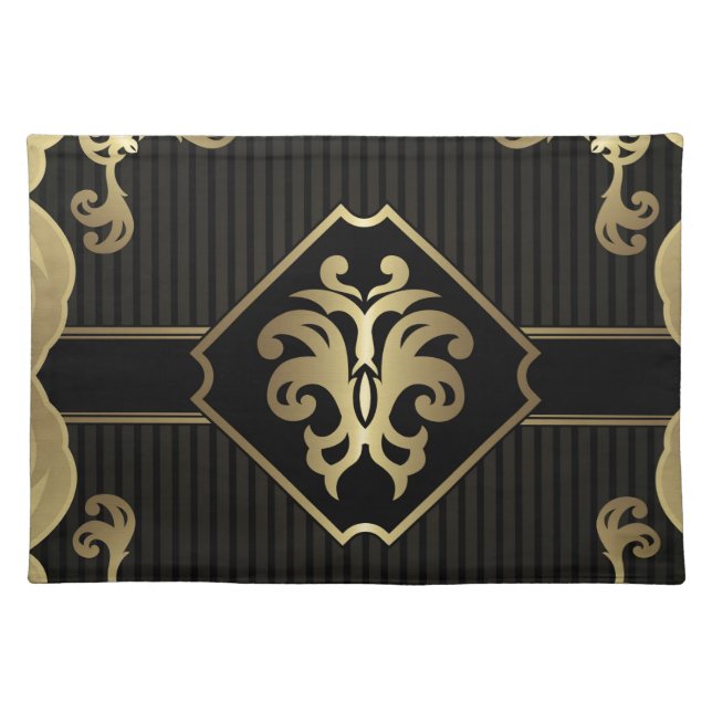 royal,gold,fleur de lis,pattern,on black,elegant, cloth placemat (Front)
