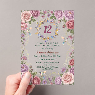 Royal Gold Floral Hummingbirds 12th Birthday Party Acrylic Invitations