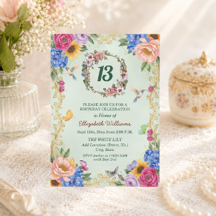 Royal Gold Floral Hummingbirds 13th Birthday Party Invitation