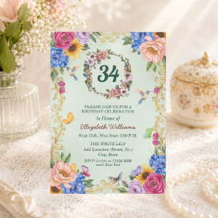 Royal Gold Floral Hummingbirds 34th Birthday Party Invitation