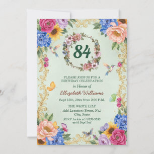 Royal Gold Floral Hummingbirds 84th Birthday Party Invitation