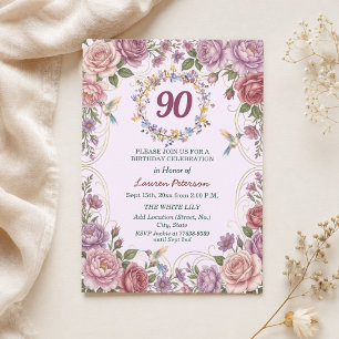Royal Gold Floral Hummingbirds 90th Birthday Party Invitation