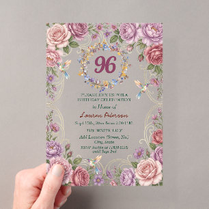 Royal Gold Floral Hummingbirds 96th Birthday Party Acrylic Invitations