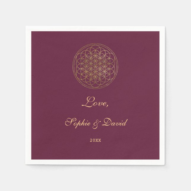 Royal Gold Flower of Life Sacred Geometry Wedding Napkins (Front)