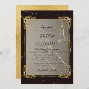 Royal Gold Frame florales &  Black Marbled Wedding Invitation