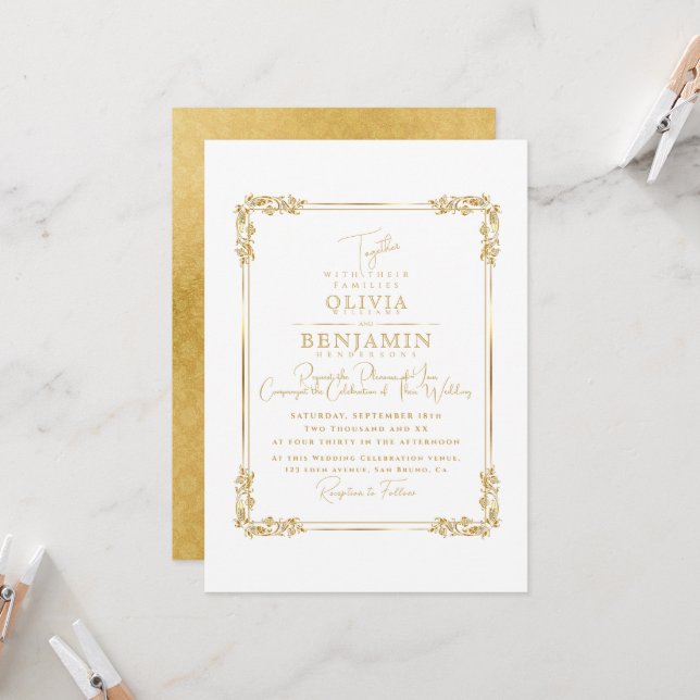 Royal Gold Frame florales & Golden Dark Wedding In Invitation (Front/Back In Situ)