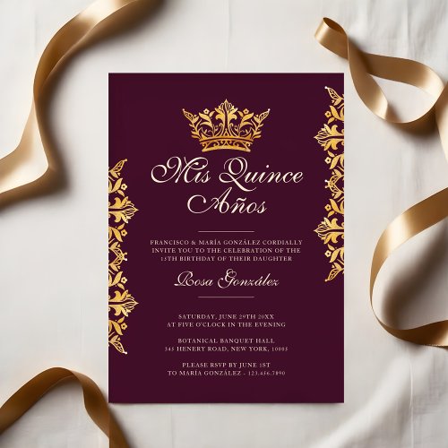 Royal Gold Leaf Crown Elegant Burgundy Quinceaera Invitation