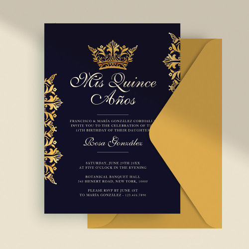 Royal Gold Leaf Crown Elegant Navy Quinceañera