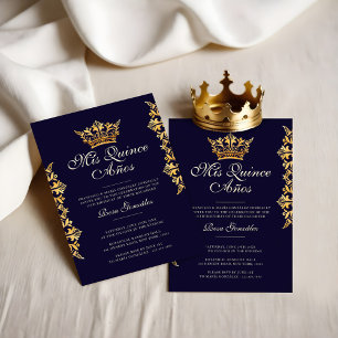 Royal Gold Leaf Crown Elegant Navy Quinceañera Invitation