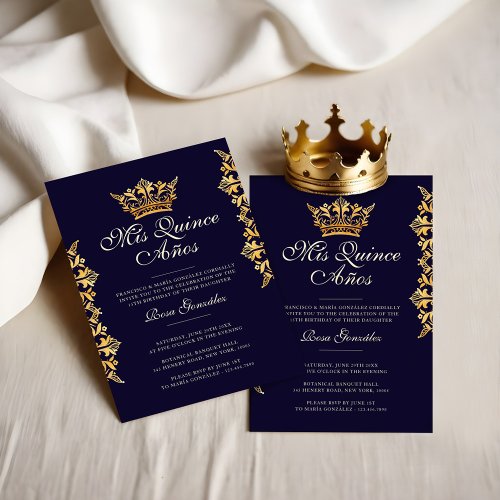 Royal Gold Leaf Crown Elegant Navy Quinceaera Invitation