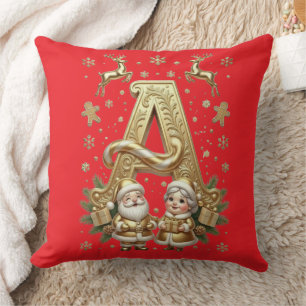 Royal Gold Letter A Luxury Red Festive Throw Pillow