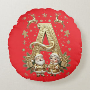 Royal Gold Letter A Luxury Red Round Throw Pillow