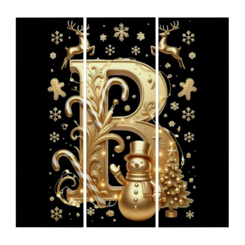 Royal Gold Letter B Luxury Snowman Canvas Triptych