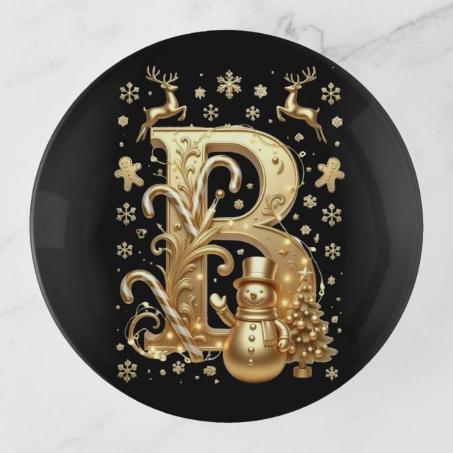 Royal Gold Letter B Luxury Snowman Round Glass  Trinket Tray (Front)