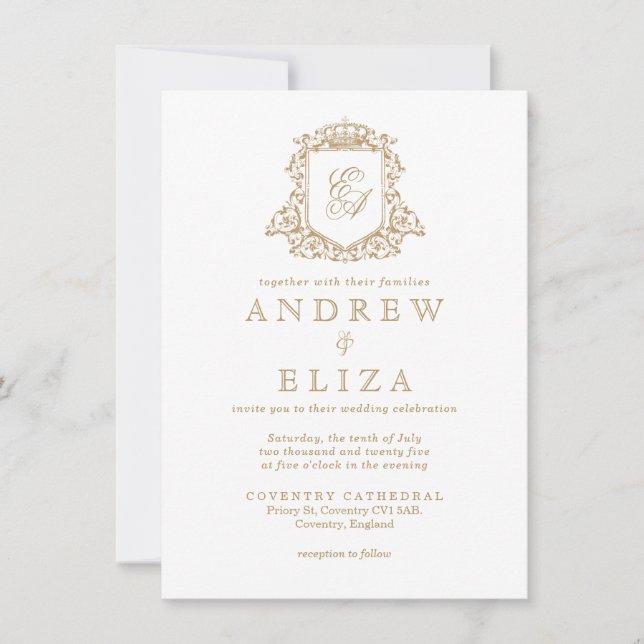 Royal Gold Monogram Crest Wedding Invitation (Front)