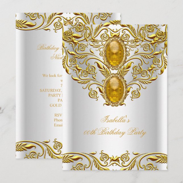 Royal Gold on White Elegant Elite Birthday Party Invitation (Front/Back)