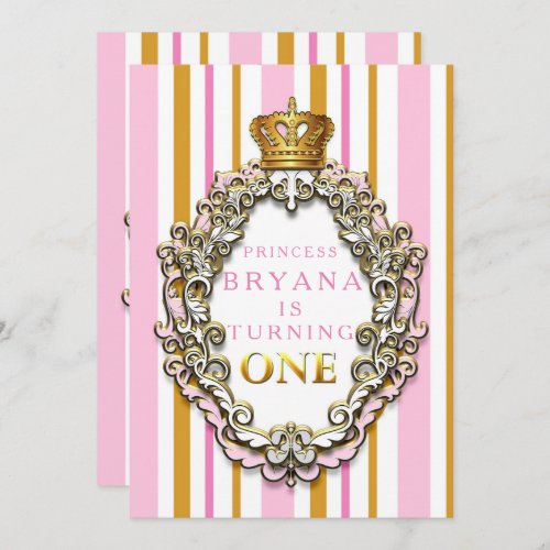Royal Gold  Pink Crown 1st Birthday Invitation