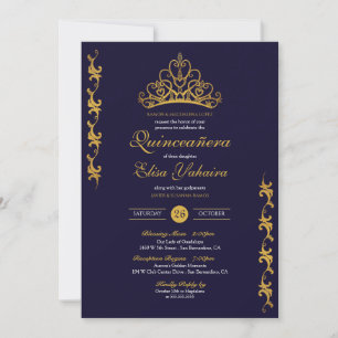 Royal Gold Tiara Crown Elegant Navy Quinceañera Invitation