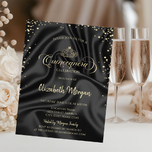 Royal Gold Tiara,Diamonds Black Satin Quinceañera Invitation