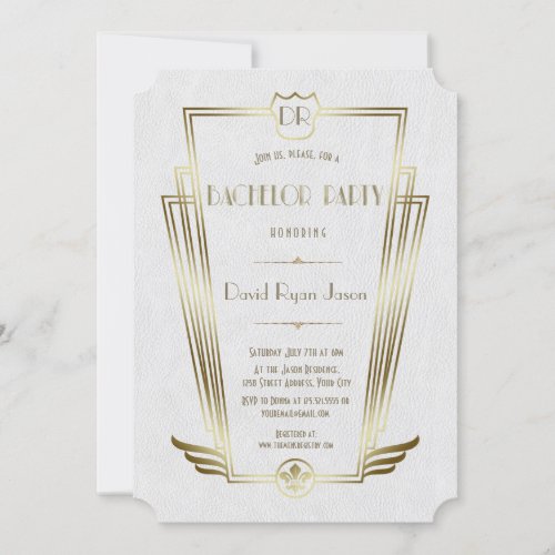 Royal Gold White Art Deco Monogram Bachelor Party Invitation