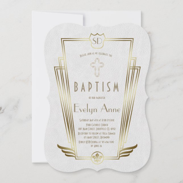Royal Gold White Art Deco Monogram Baptism Invitation (Front)