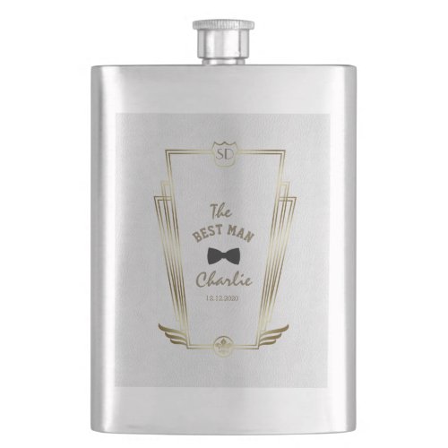 Royal Gold White Art Deco Monogram BEST MAN Hip Flask