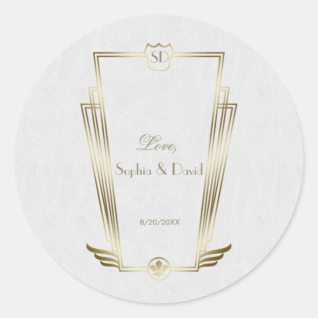 Royal Gold White Art Deco Monogram Wedding Classic Round Sticker (Front)