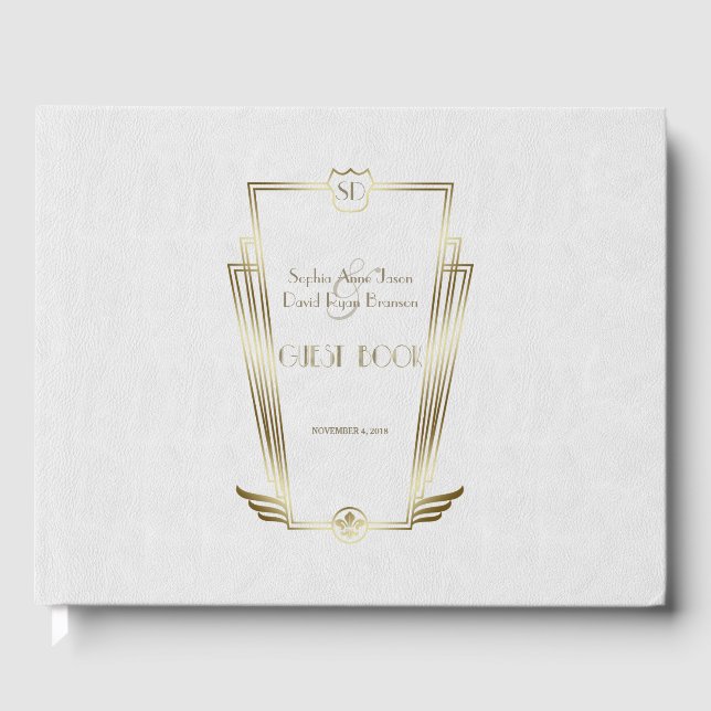 Royal Gold White Art Deco Monogram Wedding Guest Book (Front)