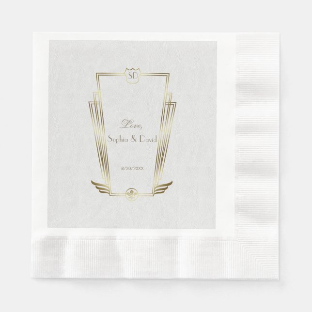 Royal Gold White Art Deco Monogram Wedding Napkins (Front)