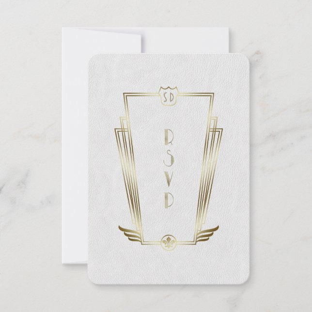 Royal Gold White Art Deco Monogram Wedding RSVP (Front)