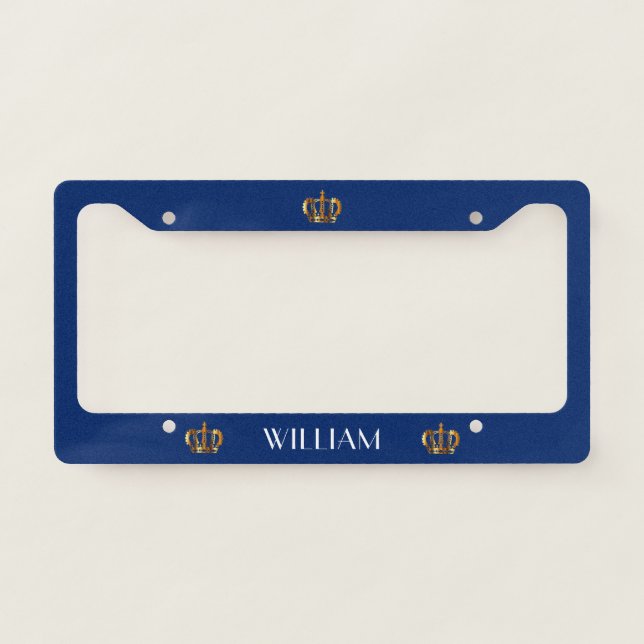 Royal Golden Crown Name Blue License Plate Frame (Front)