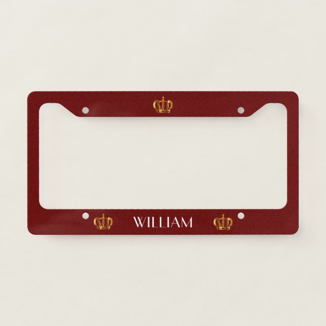 Royal Golden Crown Name Red License Plate Frame (Front)
