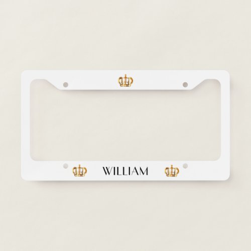 Royal Golden Crown Name White License Plate Frame