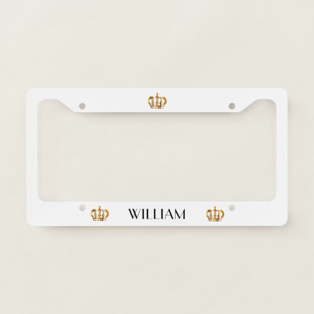 Royal Golden Crown Name White License Plate Frame (Front)