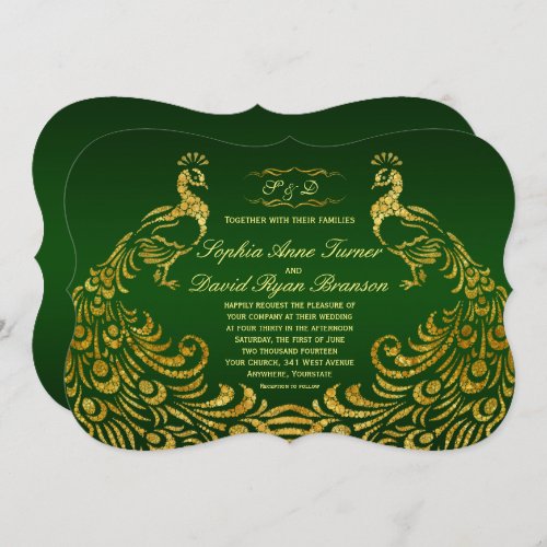Royal Green Faux Gold Peacock Wedding Invitation