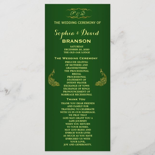Royal Green Gold Peacock Wedding Program Custom (Front)
