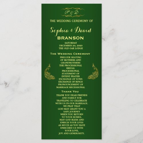 Royal Green Gold Peacock Wedding Program Custom