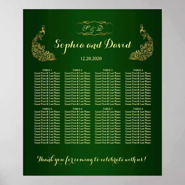 Royal Green Gold Peacock Wedding Seating Chart (Front)