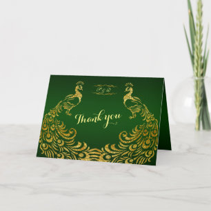 Royal Green Gold Peacock Wedding THANK YOU Card