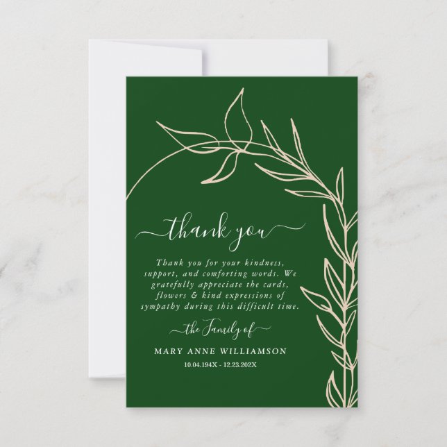 Royal Green Minimal Arch Text Script Funeral Thank Thank You Card (Front)