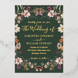 Royal Green Pastel Boho Wildflower Modern Wedding Foil Invitation