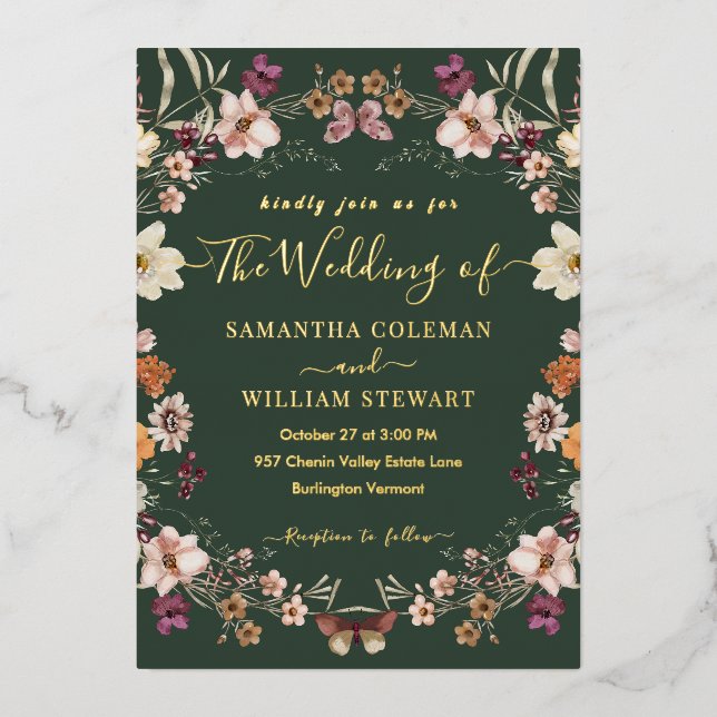 Royal Green Pastel Boho Wildflower Modern Wedding Foil Invitation (Front)