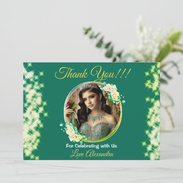 Royal Green Photo Boho Quinceañera Spanish Favor Thank You Card (Standing Front)