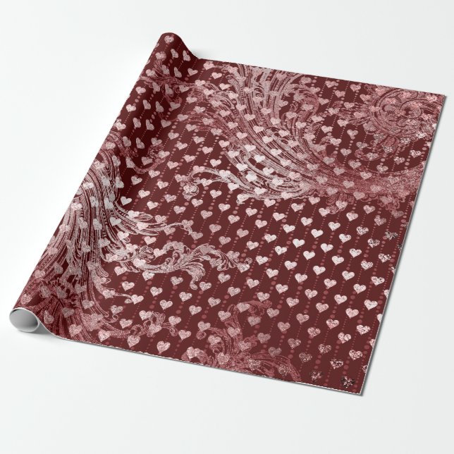 Royal Hearts Baroque Rose Gold Hearts Burgundy Wrapping Paper (Unrolled)