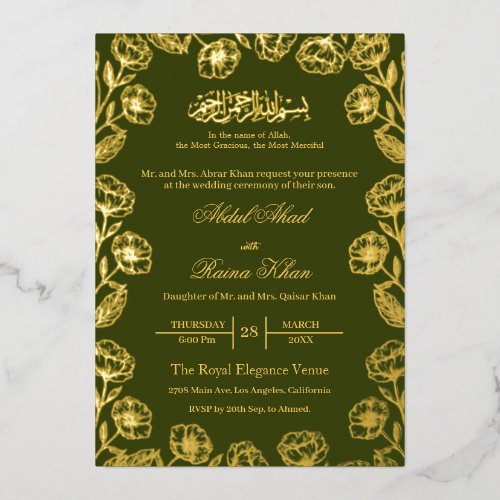 Royal Henna Floral Gold Foil Muslim Wedding Invitation