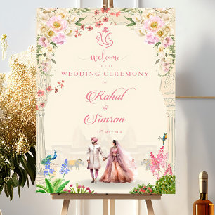 Royal Hindu Wedding Welcome Sign with Couple Illus
