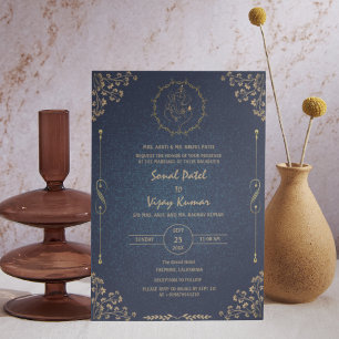 Royal Indian Hindu Wedding Ganesha Logo Golden Invitation