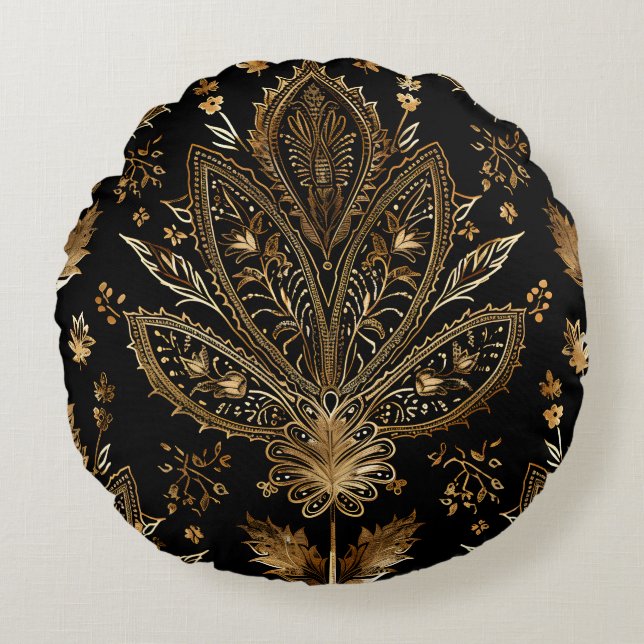 Royal Indian Luxury Black & Gold Round Pillow (Front)