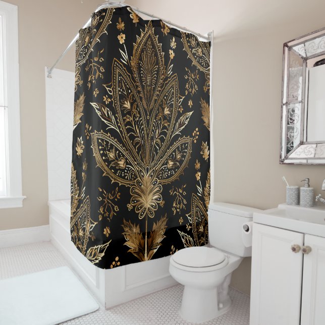 Royal Indian Luxury Black & Gold Shower Curtain (In Situ)